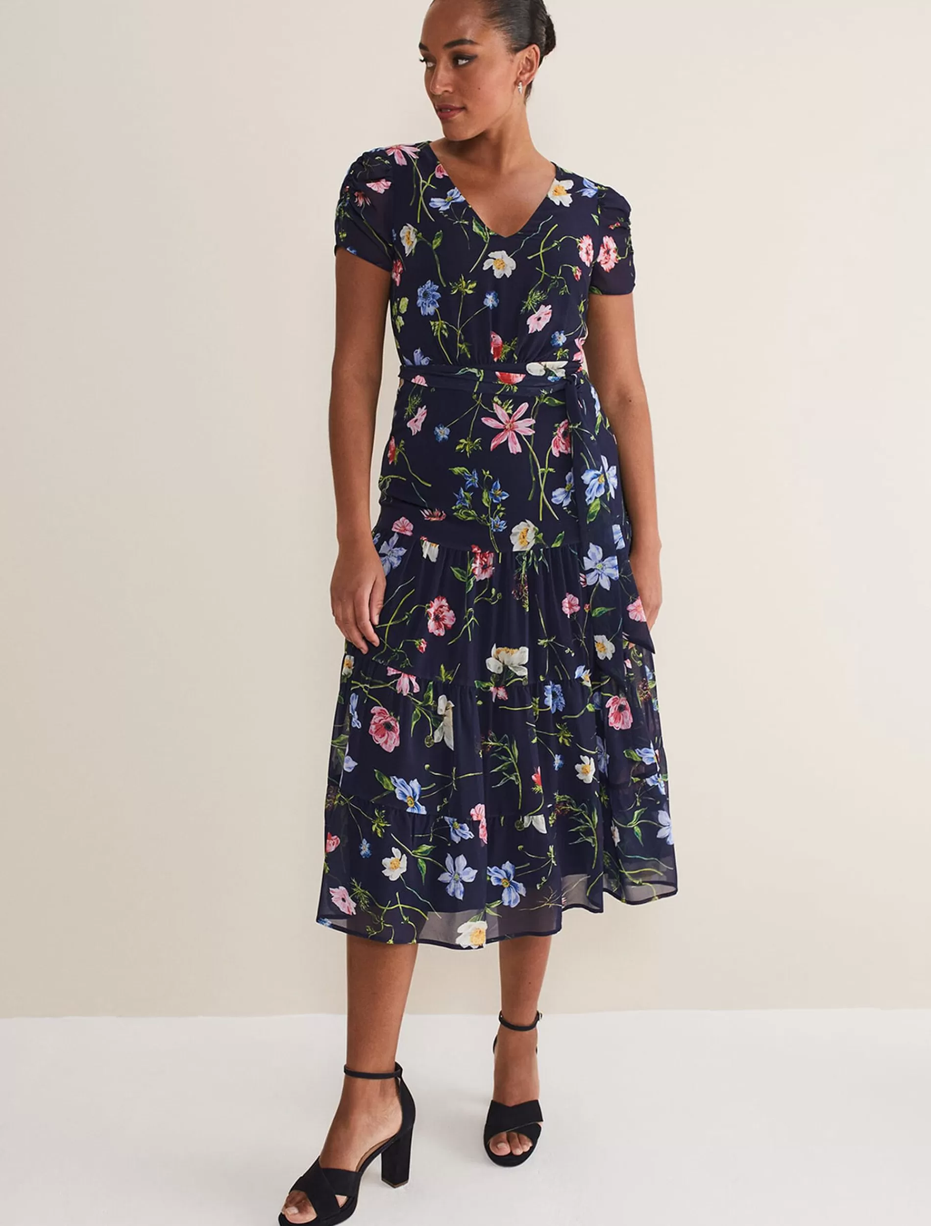 Phase Eight Lola Floral Tiered Midi Dress Navy/Multi Sale